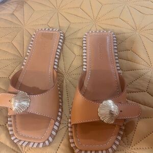 FARM Rio Brown Slide Sandals with Shell Detail